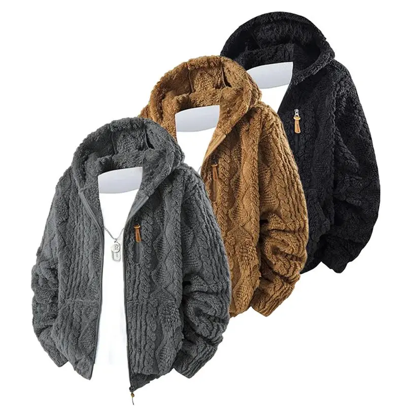 Men's Retro Casual Sweatshirt Jacket, Hooded Faux Shearling Lined Winter Coat with Zip Closure and Long Sleeves, Tops Thickened , Menswear windbreakers, Coats, Layer, Stylish, Hooded Coat fashion fleece autumn fashionable style