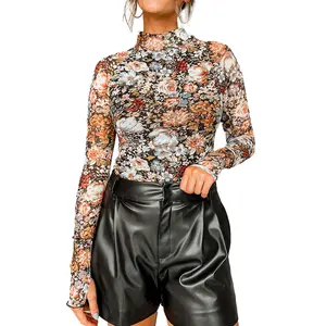 Mntaor Womens Floral Mesh Top Laying Tops Slim Fit Long Sleeve High Neck Sheath Mesh Blouse Tops Casual Comfort Shirts Womenswear Shirts,Winteroutfit