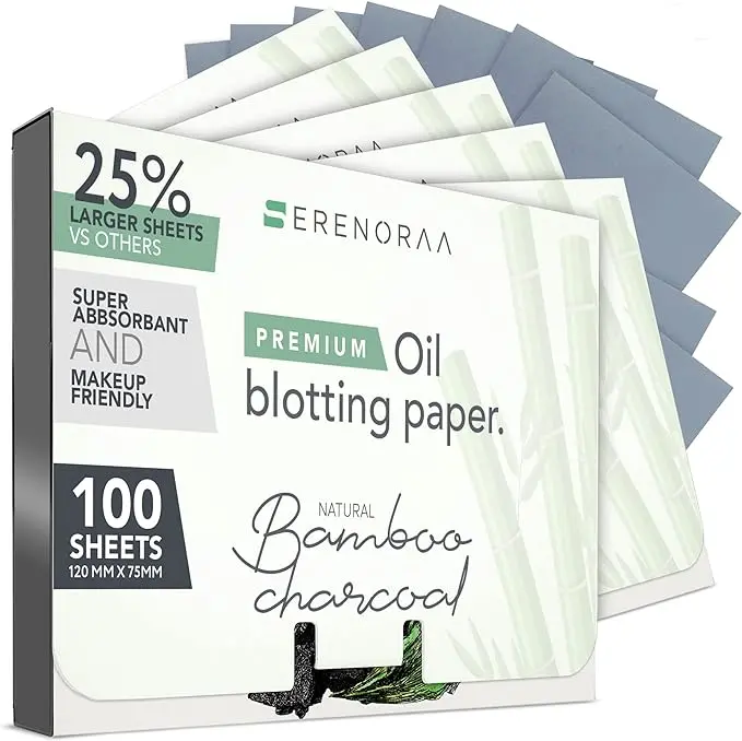 Natural Bamboo Charcoal Oil Blotting Sheets for Face - 6x100 Sheets with Extra Large 5x3" Thick Blotting Paper for Oily Skin - Dispensable Portable Pack - Reduce Skin Acne - Makeup Friendly