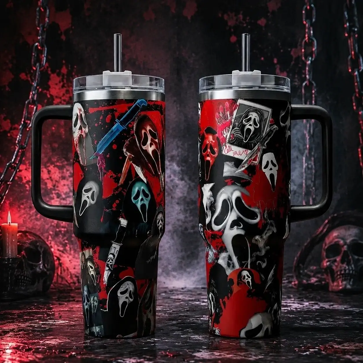 Ghostface Style Stainless Steel Insulation Vacuum Flask Tumbler - 40oz (1200ml, With Handle), 20oz (No Handle), Heat-Resistant, Leak-Proof, Stylish Bloody Movie-Themed Drinkware with Lid, Coffee Tumbler Gift for Horror Fans