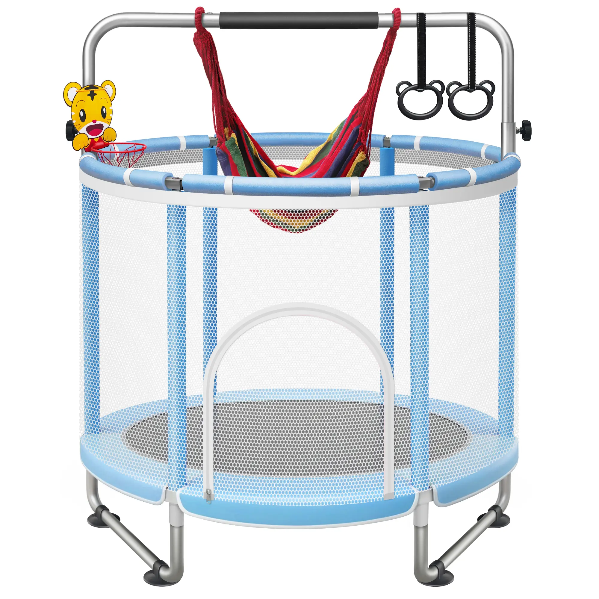 Seray 55” Kids Trampoline with Enclosure, Adjustable Gymnastics Bar, Swing & Rings, Indoor & Outdoor Play, Gift for Boys & Girls