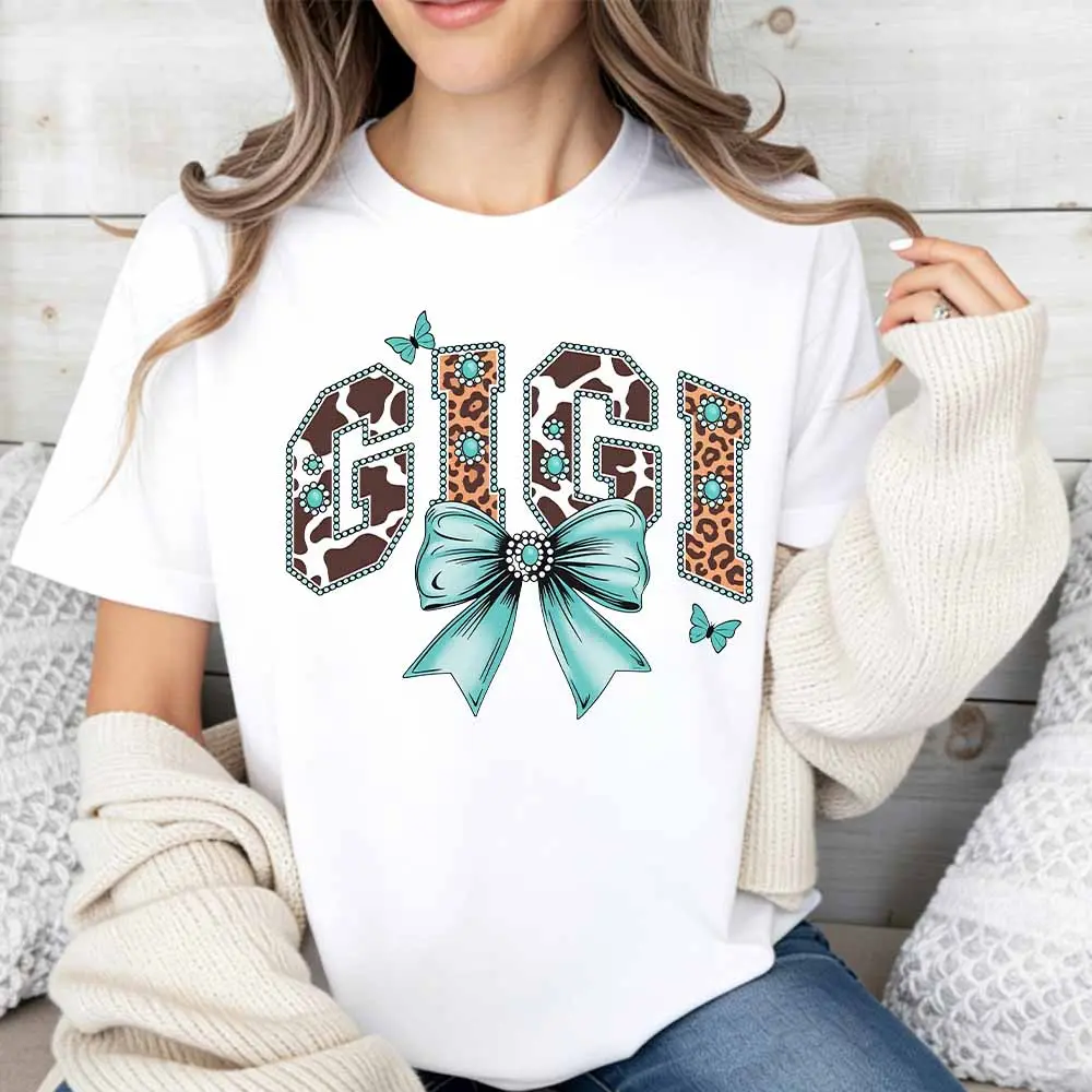 Women's Short-Sleeve Casual Tops, Gigi Leopard Print with Turquoise Bow & Butterfly Design, Everyday Style Sports Accessory for Leisure & Sports Activities, Shortsleeve