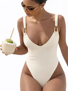 Sleek Cream Fitted Bodysuit – Deep V Neck with Metal Ring Straps, Cheeky Cut