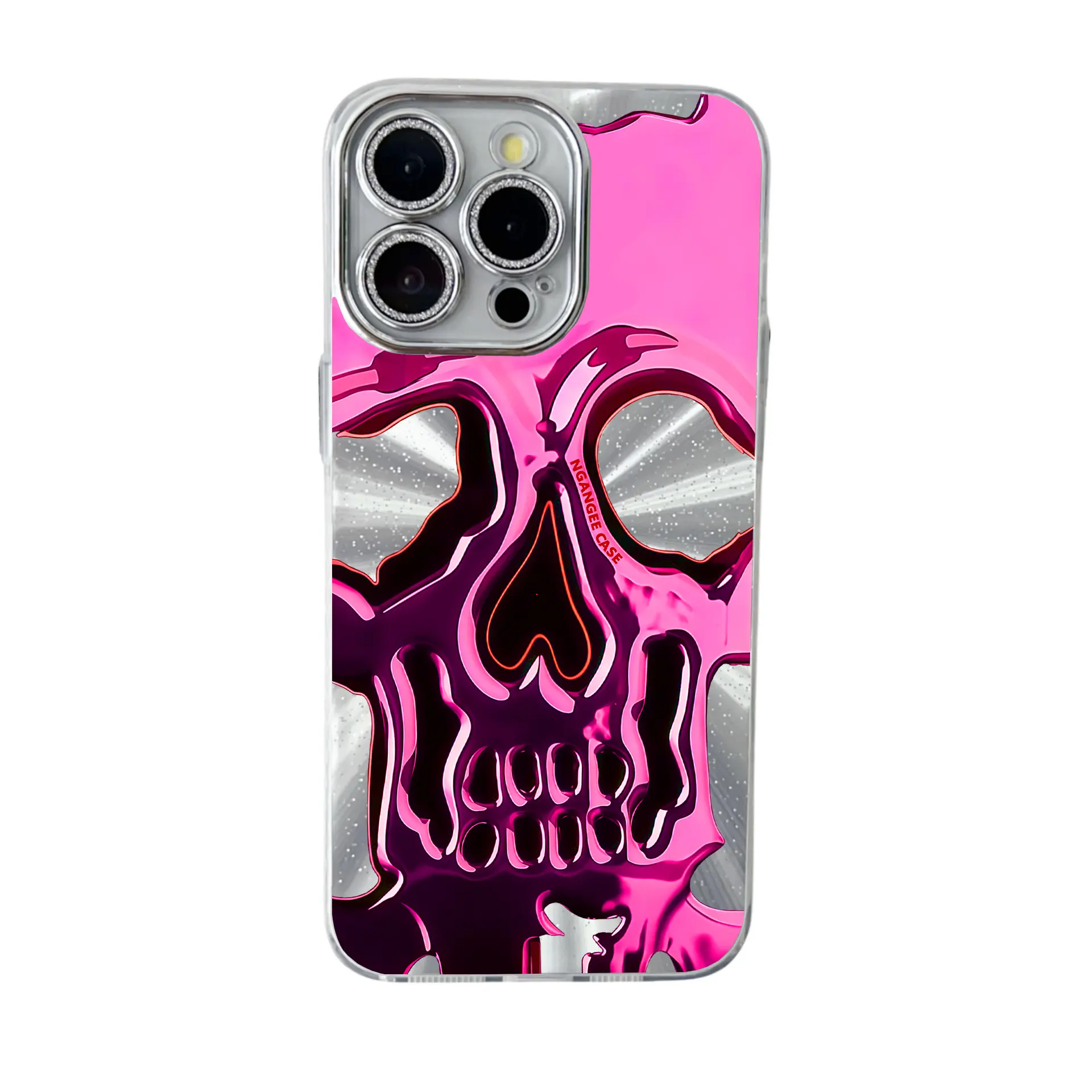Y2K Cyberpunk Liquid Metal Skull Phone Case, 3D Holographic Laser Clear Cover for iPhone17 16 15 14 13 12 11 Pro Max
