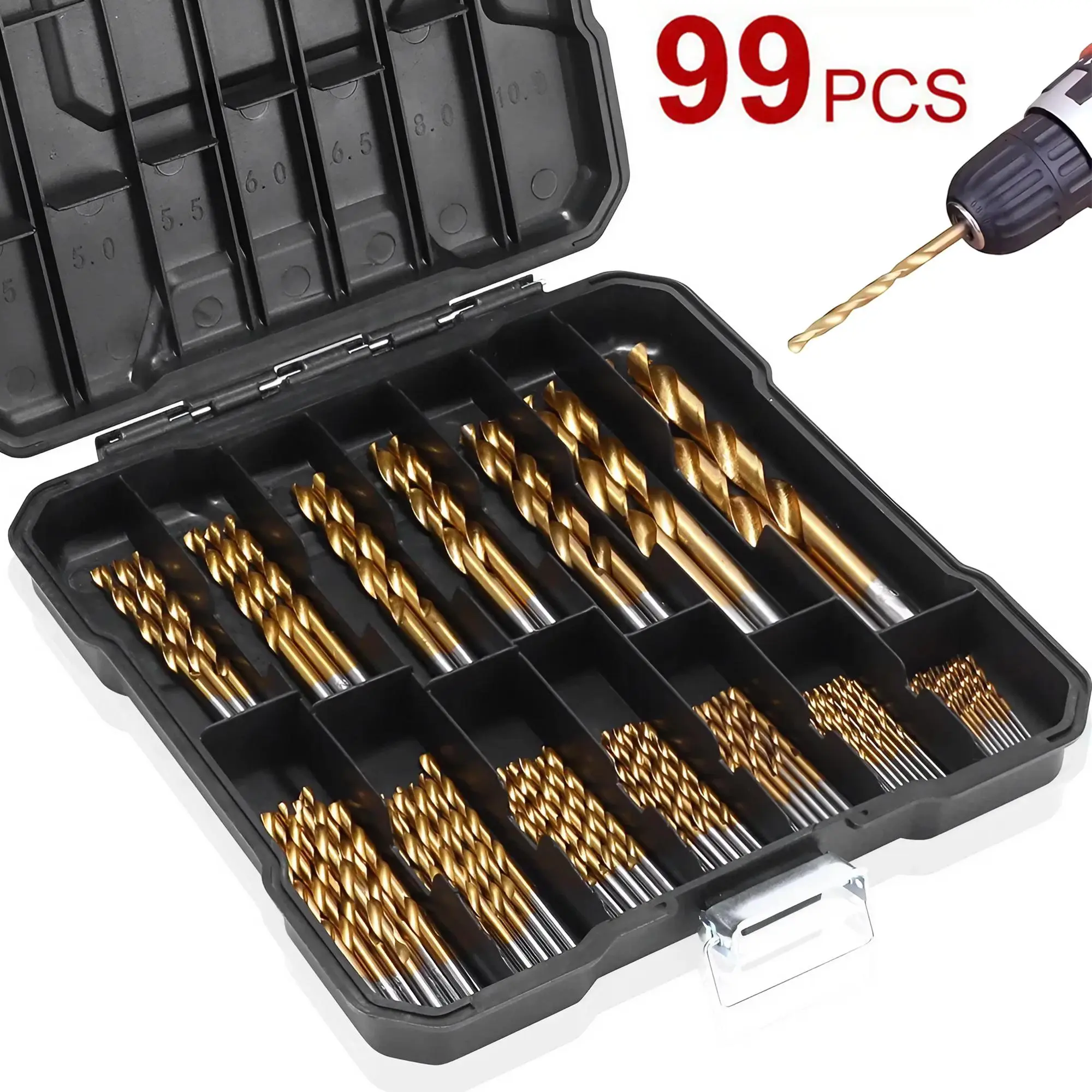 High-Speed Steel Titanium-Plated Drill Bit Tool Set, 99pcs/set Straight Shank Twist Drill Bit Kit, Woodworking Drill Bit Set
