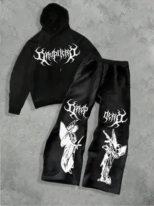 TikTok Trending! Black Tracksuit Set with White Gothic Text and Angel Graphics, Featuring a Bold, Edgy Design, Perfect for Achieving a Stylish Streetwear Look, Sweatsuit Matching Set