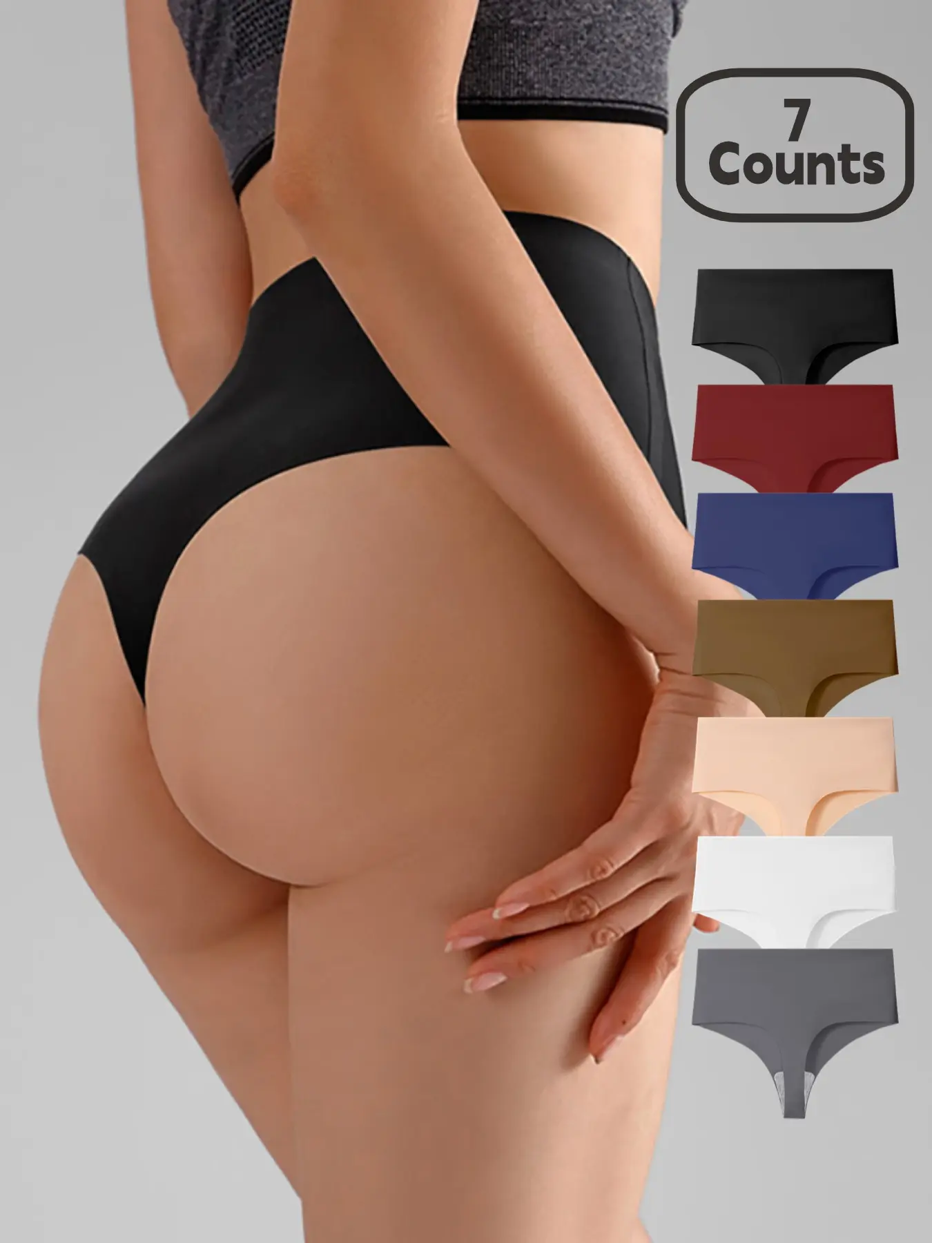 Women's High Waist Thong Panties, Seamless Breathable Comfort Basic Underwear, Suitable for All Seasons, Pack of 7, Plain Colors, High Rise Panties