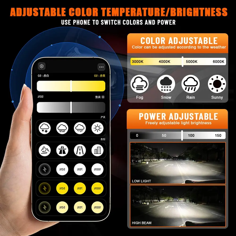 App Control LED Car Headlights, Automotive Headlight Bulbs, Headlight Replacement, Adjust 3000K-6000K color and 150W power instantly via smartphone, LED bulbs for H11 H7 9005 9006 with Canbus error-free system for night driving