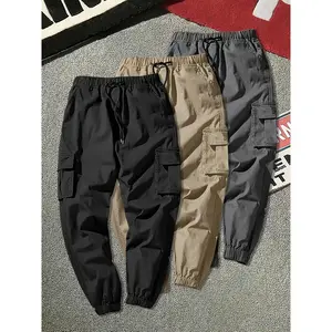 3-Pack Men's Solid Color Cargo Pants - Non-Stretch, Regular Fit, 100% Polyester - Multi-Pocket Flap, Drawstring Waist, Woven Fabric, 180g/m², for Weekend Casual Wear Menswear Sport solid color cargo pant