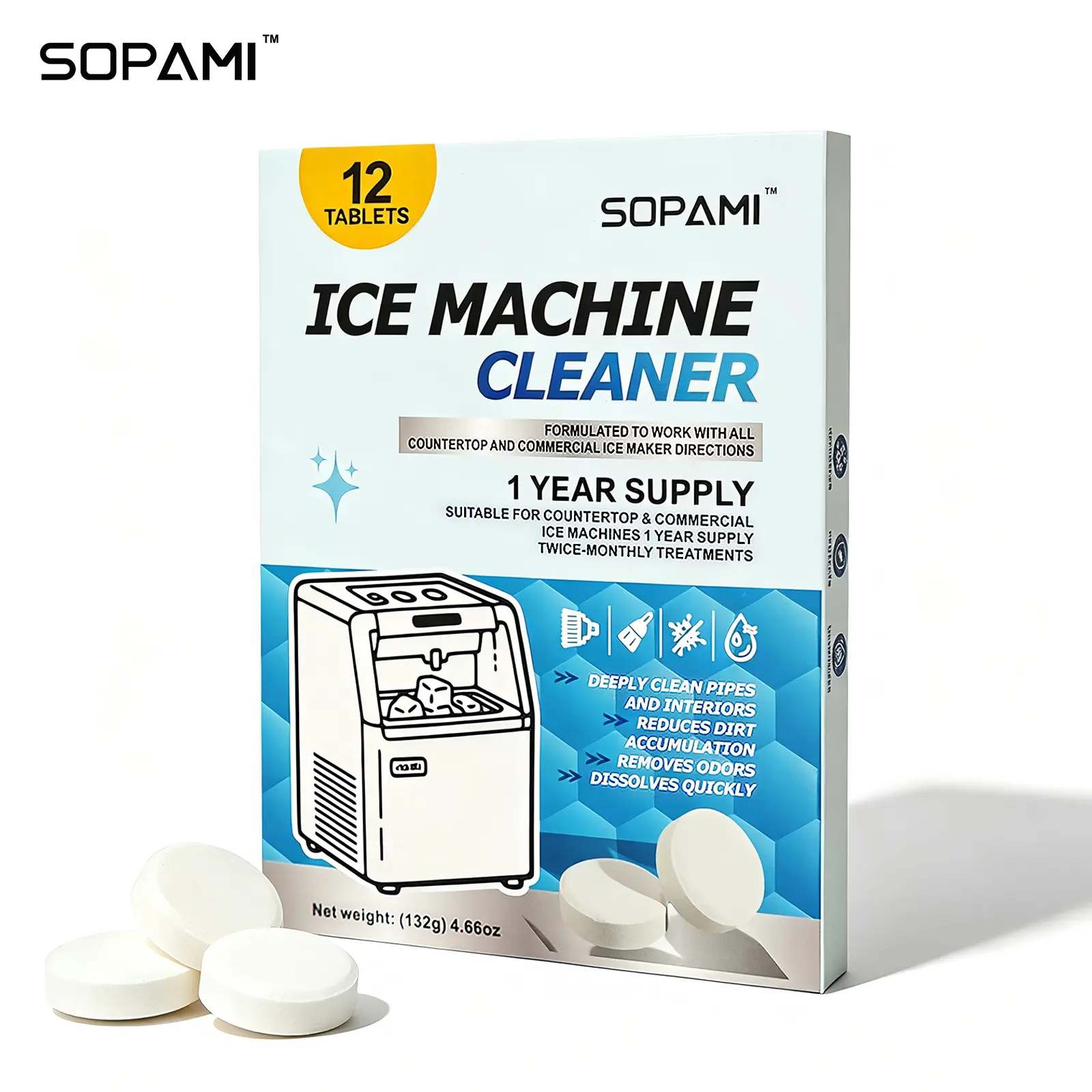 SOPAMI Ice Machine Cleaner Tablets | Practical cleaning tablets with 12 pieces per pack, removes limescale and odors, gentle on stainless steel, ideal for countertop and commercial ice making machines