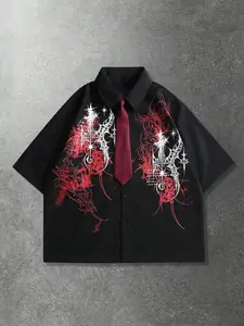 2026 Cyberpunk Print Shirt, Tribe Pattern Short Sleeve, Unisex Fitted Casual Streetwear, Perfect for Nightclubs and City Photoshoots