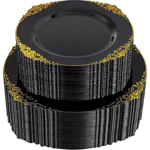 102 count Black and  Plastic Plates - Black Disposable Plates - Heavyweight Disposable Plate with  Rim - Fancy Dinner & Dessert Plate for 51 Guests Weddings & Party & Graduation