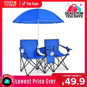 COSTWAY Double Portable Picnic Chairs, Folding Camping Chairs w/Detachable Umbrella, Cooler Bag, Cup Holders, Patio Beach Camping Chairs for Outdoors football baseball season,4th of july decor, dad gift