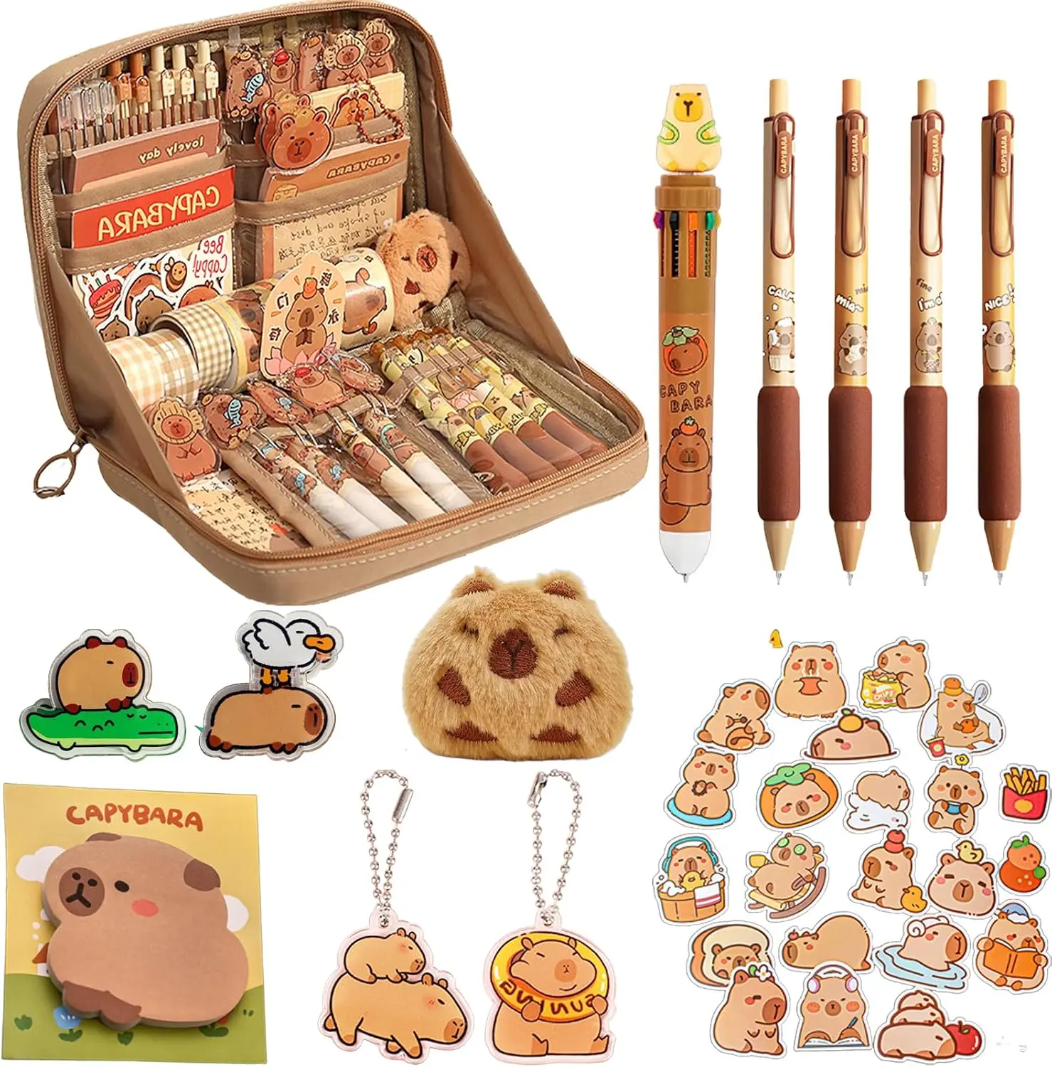 Cute Capybara Pencil Case With 10 Compartments Gift Set Includes Holder, Ball Point Pen, Keychain, Stickers, Brooch, and Clips