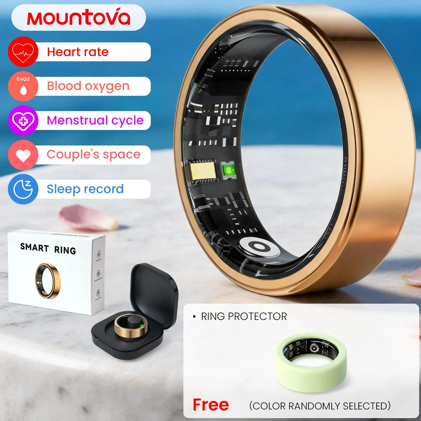 Mountova AI Smart Ring for Women & Men, Ceramic & Stainless Steel, Heart Rate, Blood Oxygen, Sleep & Stress Tracker, 5ATM Waterproof, 2.9g Slim Design, 5-7 Day Battery, Pink, White, Black, Rose Gold, Gunmetal, Charging Case, iOS & Android