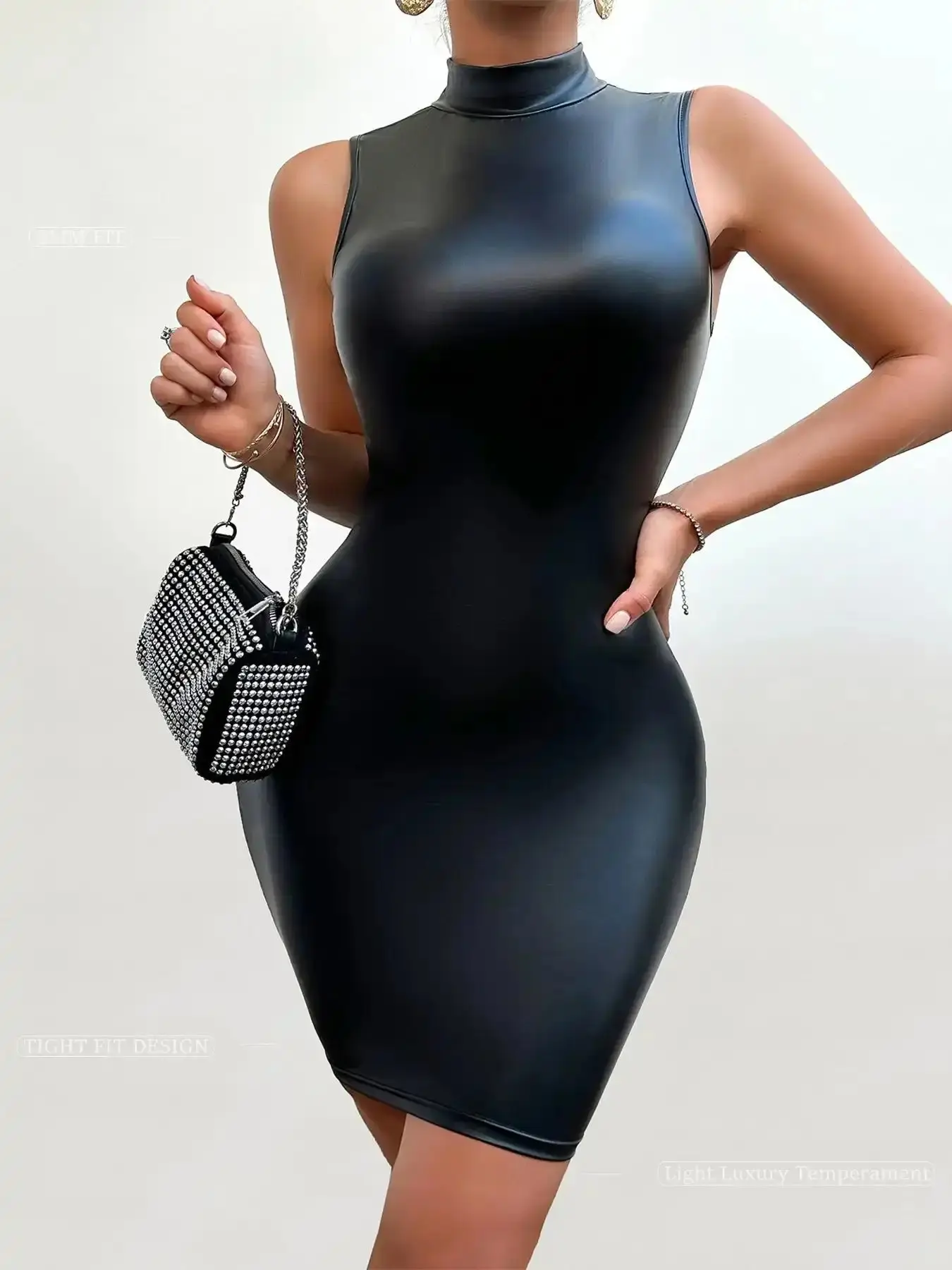 Ladies' off shoulder leather dress, Formal dresses, sleeveless stand up tight skirt, slim fit, hip hugging mini skirt, suitable for casual, dinner, party and formal occasions, spicy girl style, princess style, urban