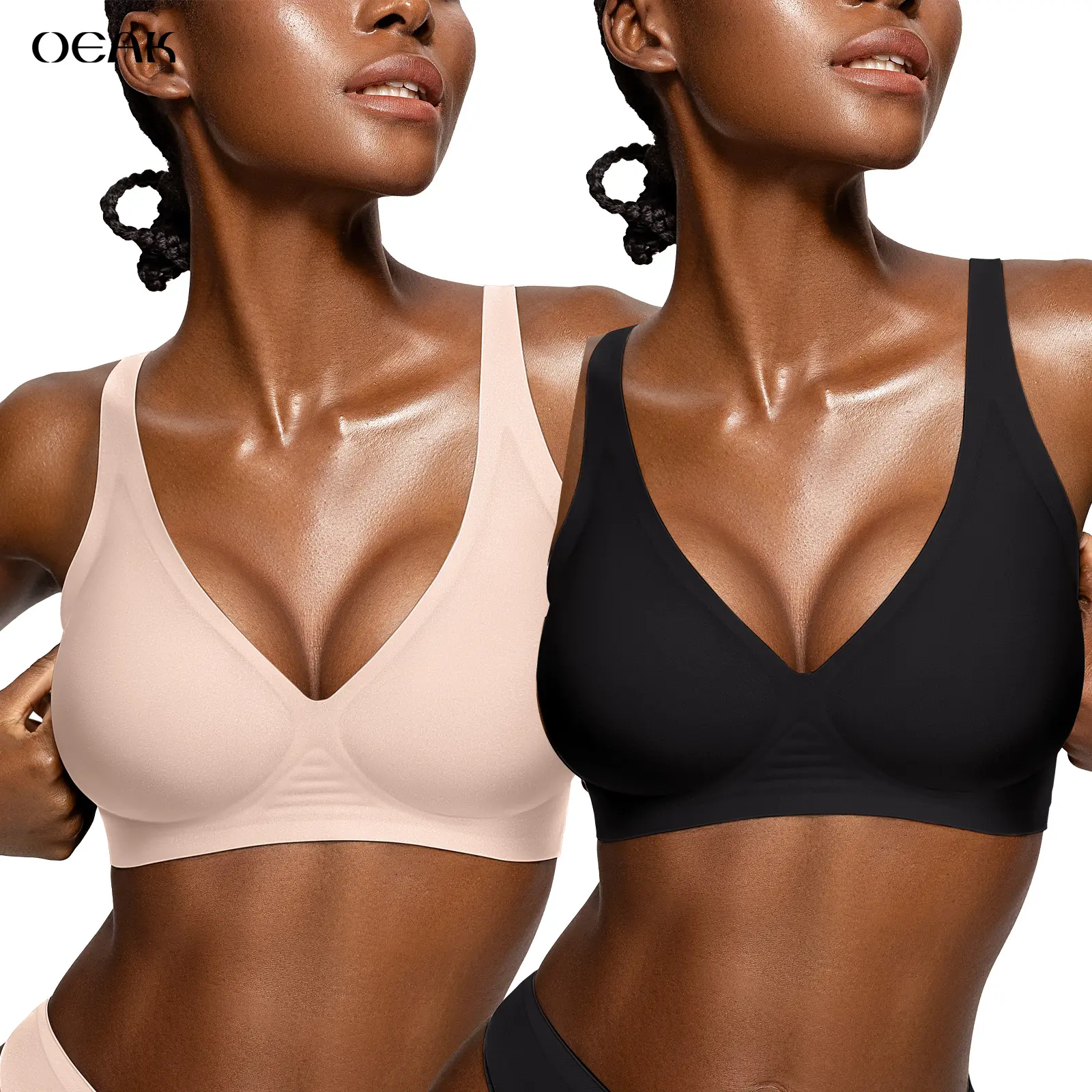 OEAK 2PCS Womens Jelly Bras Comfortable Wireless Soft Bralettes Seamless Tshirts Bras Deep V Everyday Bras