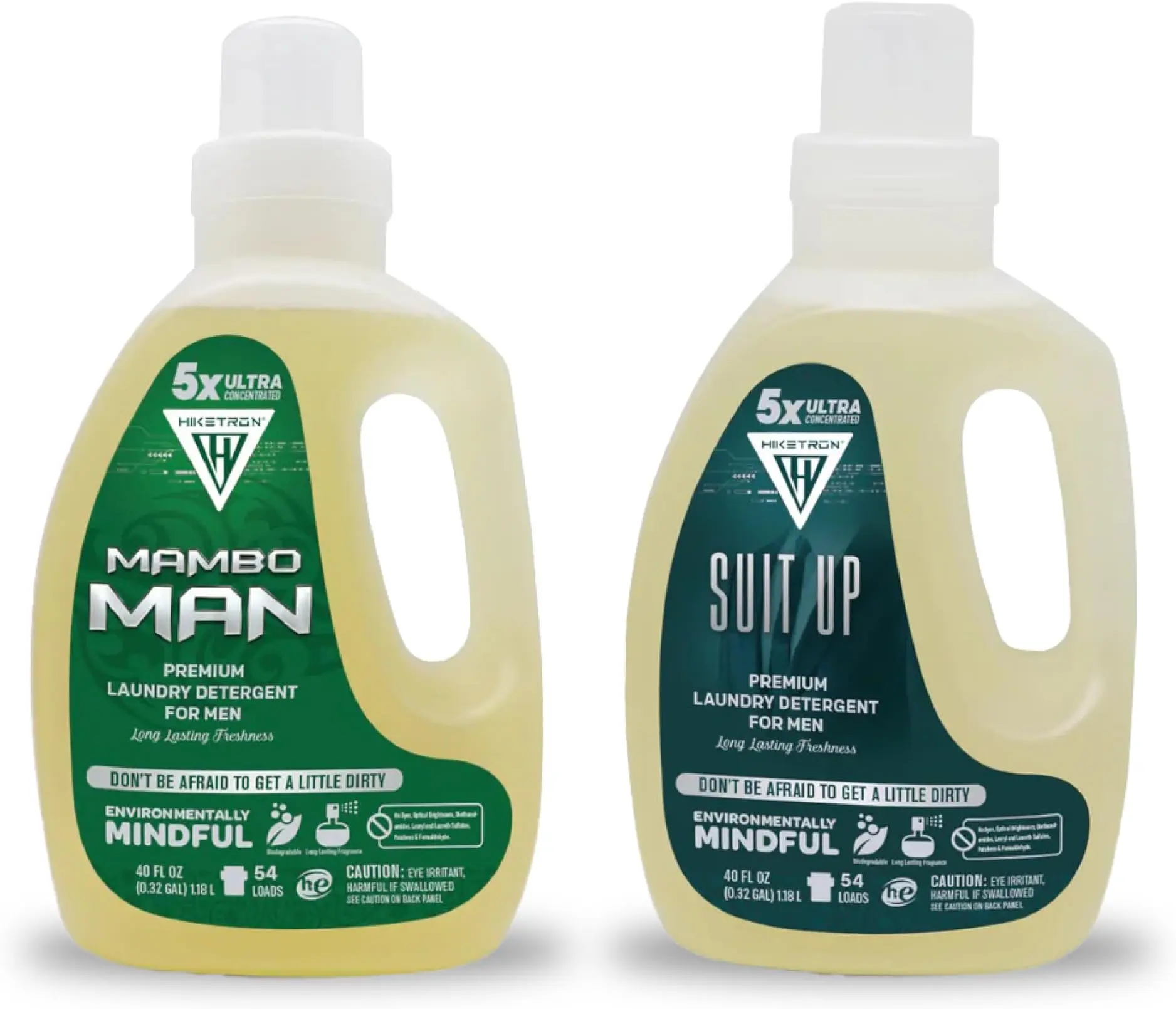 Hiketron Liquid Laundry Detergent 2 Pack (Mambo Man & Suit Up), Woody & Citrus Scented, 5x Ultra Concentrated Fabric Stain Remover, Chemical Free Clothing Care for Men, 2 x 40 fl oz, Cinnamon, Musk, Grapefruit, Color Safe Laundry Detergent, Phosphate-Free