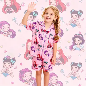 2-piece children's full body kpop magic version, star diamond note cartoon small character pattern printed short sleeved shorts, soft and comfortable top, small pocket lapel design, elastic waistband, home daily casual children's clothing sleepwear set