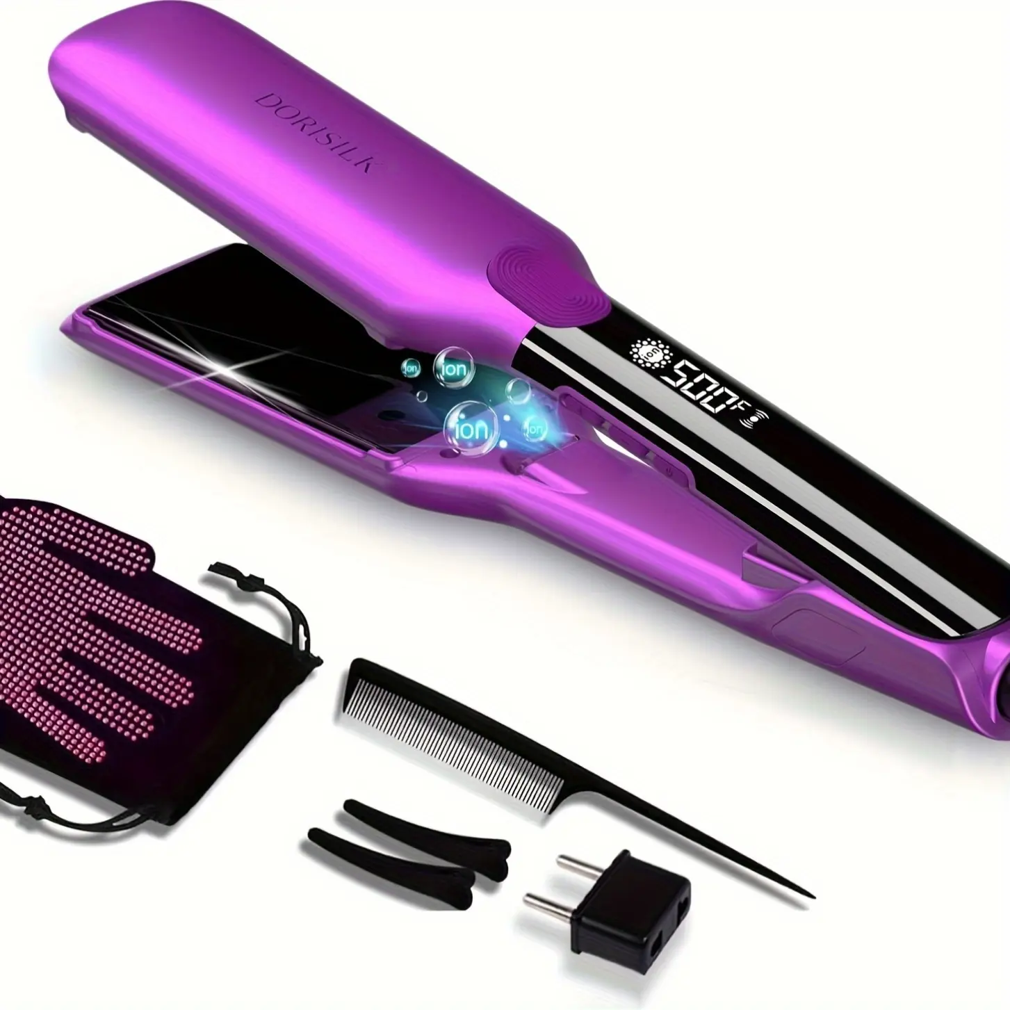 DORISILK 500°F Professional 2-in-1 Hair Styling Tool - Ceramic Wide Plate Straightener with Plasma Tech, Frizz-Free Glossy Hair, Dual Voltage, Ceramic Heat Resistant Curlers & Straighteners (Purple), Hair Straightener