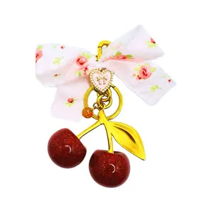 Floral Coquette Bow Cherry Bag Charm / Pink Heart Charm Floral Bow Cherry Bag Charm / Handmade Floral Cotton Bow XL Cherry Charm / Fashion Accessory