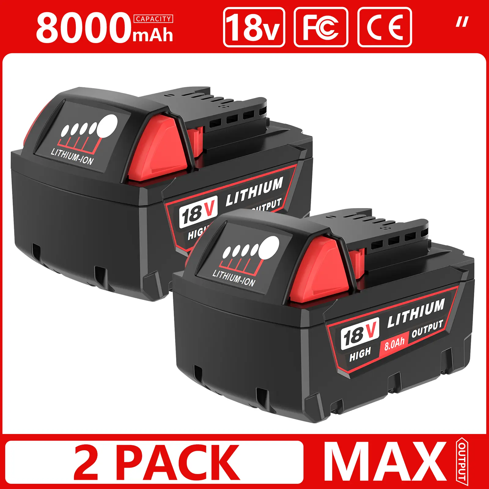 2Packs 18V 8.0Ah Replacement Battery for Milwaukee M-18 48-11-1865 48-11-1850 Cordless Tools Compatible Lithium-ion 8000mAh m-18