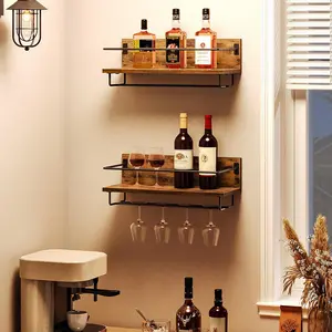 2 Pack Wall Mounted Wine Rack, Hanging Wine Glass Bottle Stemware Holder, Floating Wall Storage Shelves for Living Room, Dining Room and Bar, Rustic Brown