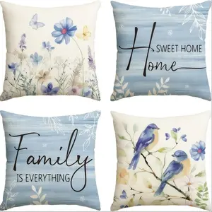 4pcs-Spring Themed Throw Pillow Covers, Blue Flowers, Butterfly and Bird Patterns, Home Sweet Design, Suitable Spring Living Room, Bedroom, Sofa and Bed Decoration, 2D Flat, Single Sided Printing, No Pillow Core