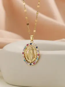 Fashionable Colorful Cubic Zirconia Mary Statue Oval Pendant Stainless Steel Necklace, Elegant Lady Party Vacation Necklace, Sparkling Cz Necklace