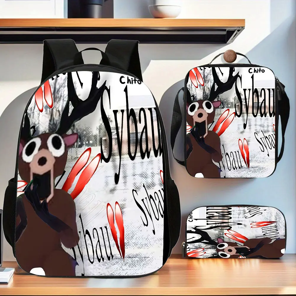 Kids' Cute Unisex 3-Piece Graphic Cartoon Deer Print Oxford Cloth Backpack Set Pack - Durable, Water-Resistant, 15-in Laptop Fit, Breathable Padded Straps, Zipper Closure, Lunch Box, Pencil Case, for Elementary School, School Lunch