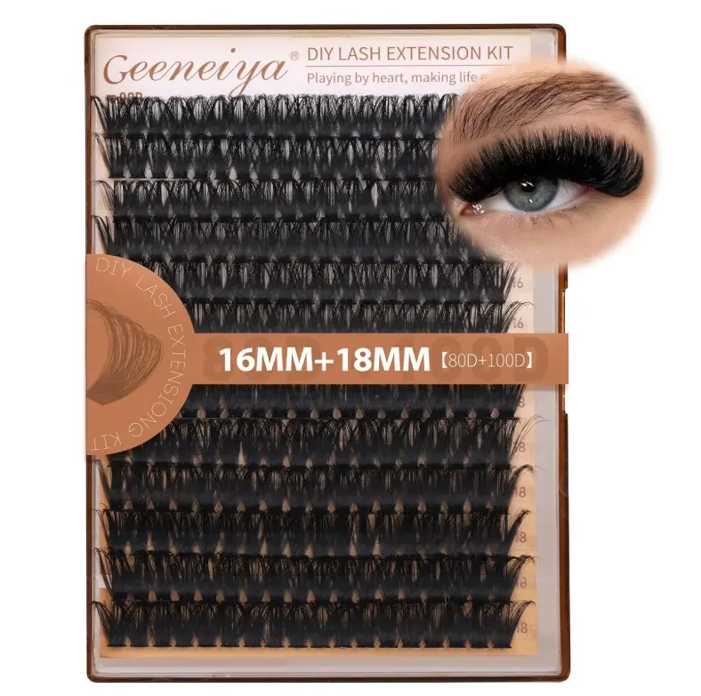 Geeneiya Volume Lash Clusters Kit DIY Lash Extension Kit D Curl Eyelash Extensions with Waterproof Lash Bond and Seal Waterproof Tweezers,Only 16-18MM, 80D+100D