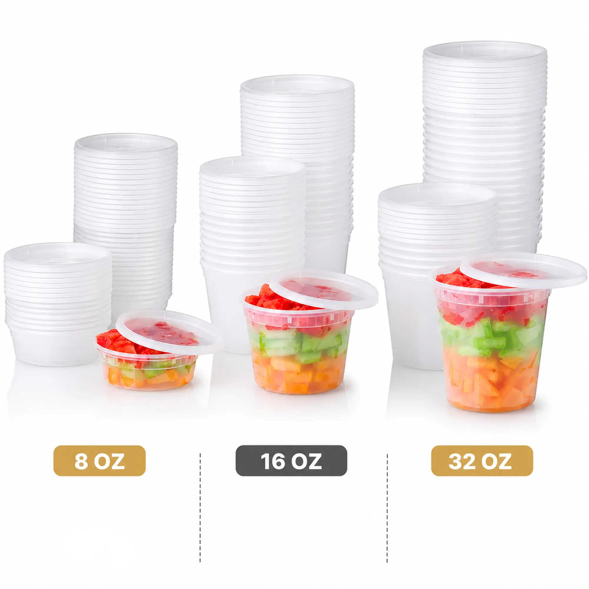 VeZee Heavy Duty Plastic Deli Food Storage Containers with Lids, BPA Free Reusable Meal Prep Containers, Leak Resistant Microwave Freezer Safe Food Storage Cups for Soup, Salad, Leftovers & Snacks. (Pack of 50)