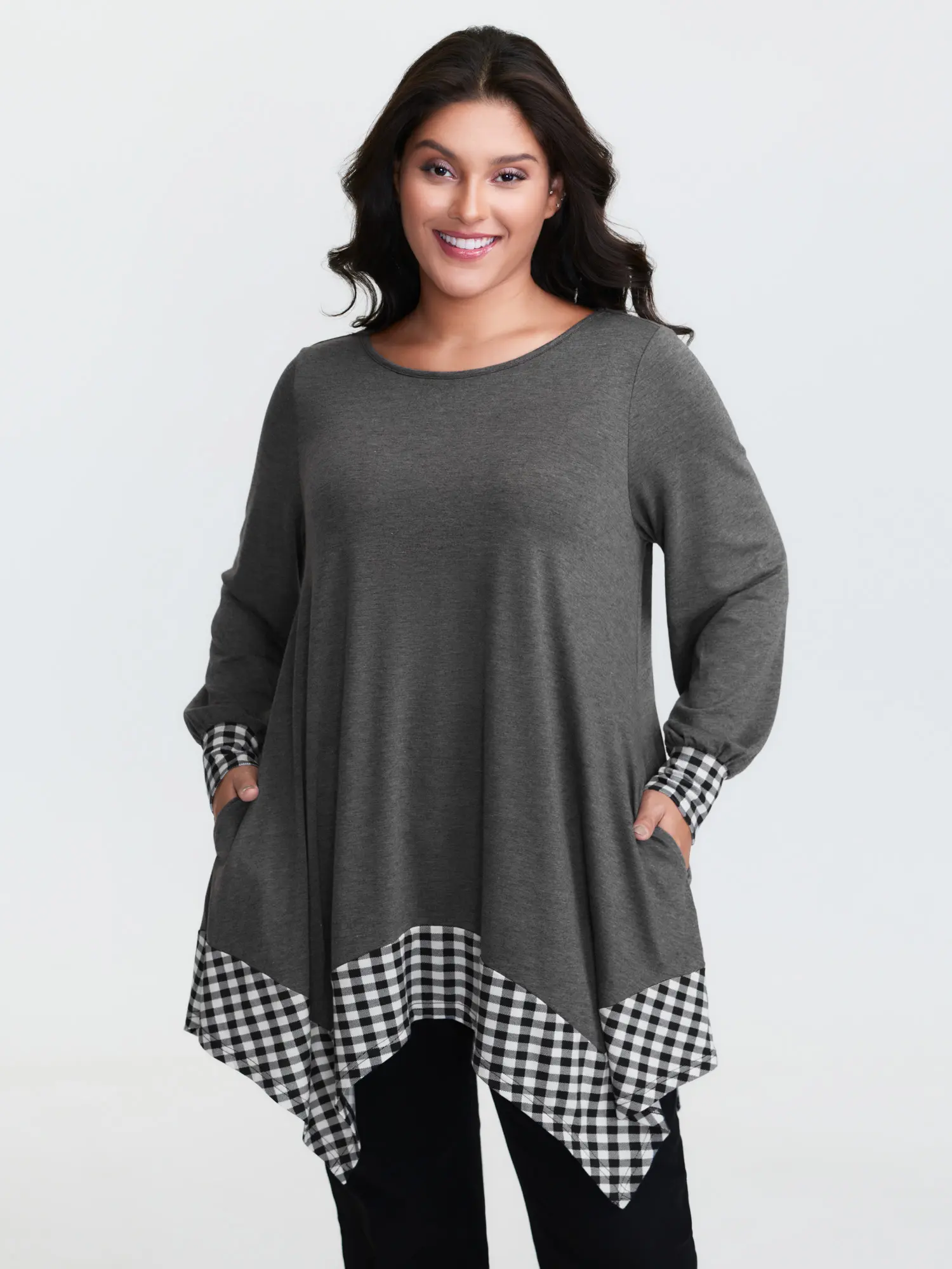 BloomChic Plus Size Checkered Tunic Top, Casual Boat Neck with Long Lantern Sleeves, Breathable Stretch Rayon Blend, Asymmetrical Hem, Everyday, Long Sleeves, Tunic Length, Lantern Sleeve, Extra Long