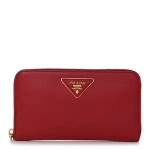 Pre-owned PRADA Leather Small Leather Goods Saffiano Triangle Zip Around Wallet Fuoco