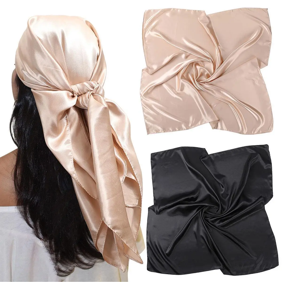 AWAYTR Women's 2-Pack 35" Large Square Silk-Like Satin Hair Kerchiefs - Breathable Solid Color Head Wrap Turban, Hair Bandanas, Matching Headscarf, Neck Scarves, Female, Bandana Style
