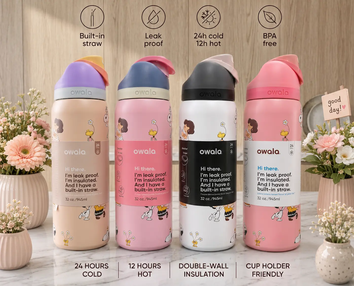 Cute Owala 32oz Reusable Beverage Container Active Commuter Essential Stainless Steel Double Wall Insulation Integrated Straw Flask New