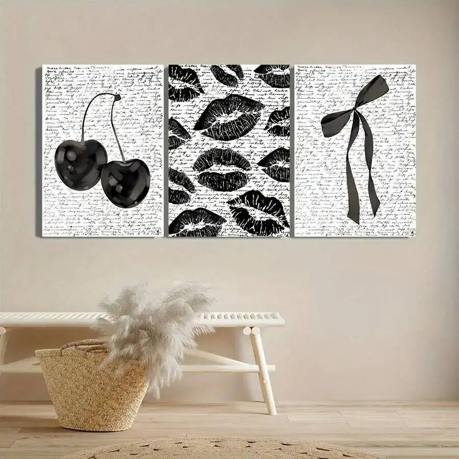 3pcs Of Canvas Postersing Decorative Paintings, Black And White Decoration, Dark Elegant Style, Sexy Lips, Retro Cherry Blossoms, Darkroom Decoration, Indoor Home Wall Decoration Art