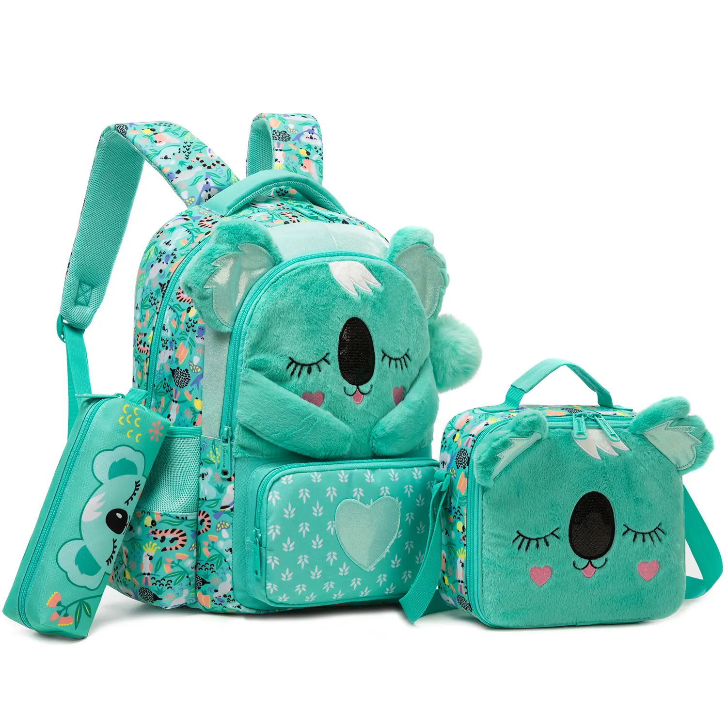 Kids' Cute Nylon 3D Plush Koala 3-Piece Multi-Function Backpack Set - Mint Green Graphic Animal Allover Print School Bag with Insulated Lunch Bag, Pencil Case, Ergonomic Padded Straps for Elementary Students
