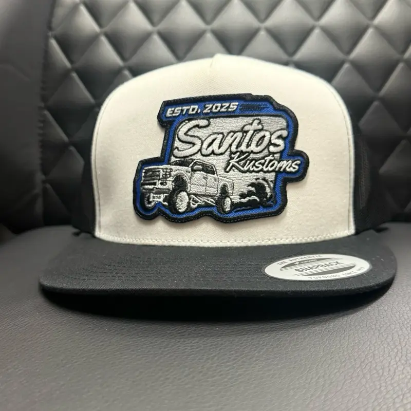 Santos Kustoms Est 2025 Trucker Snapback Hat with Classic Logo Design and black  Brim