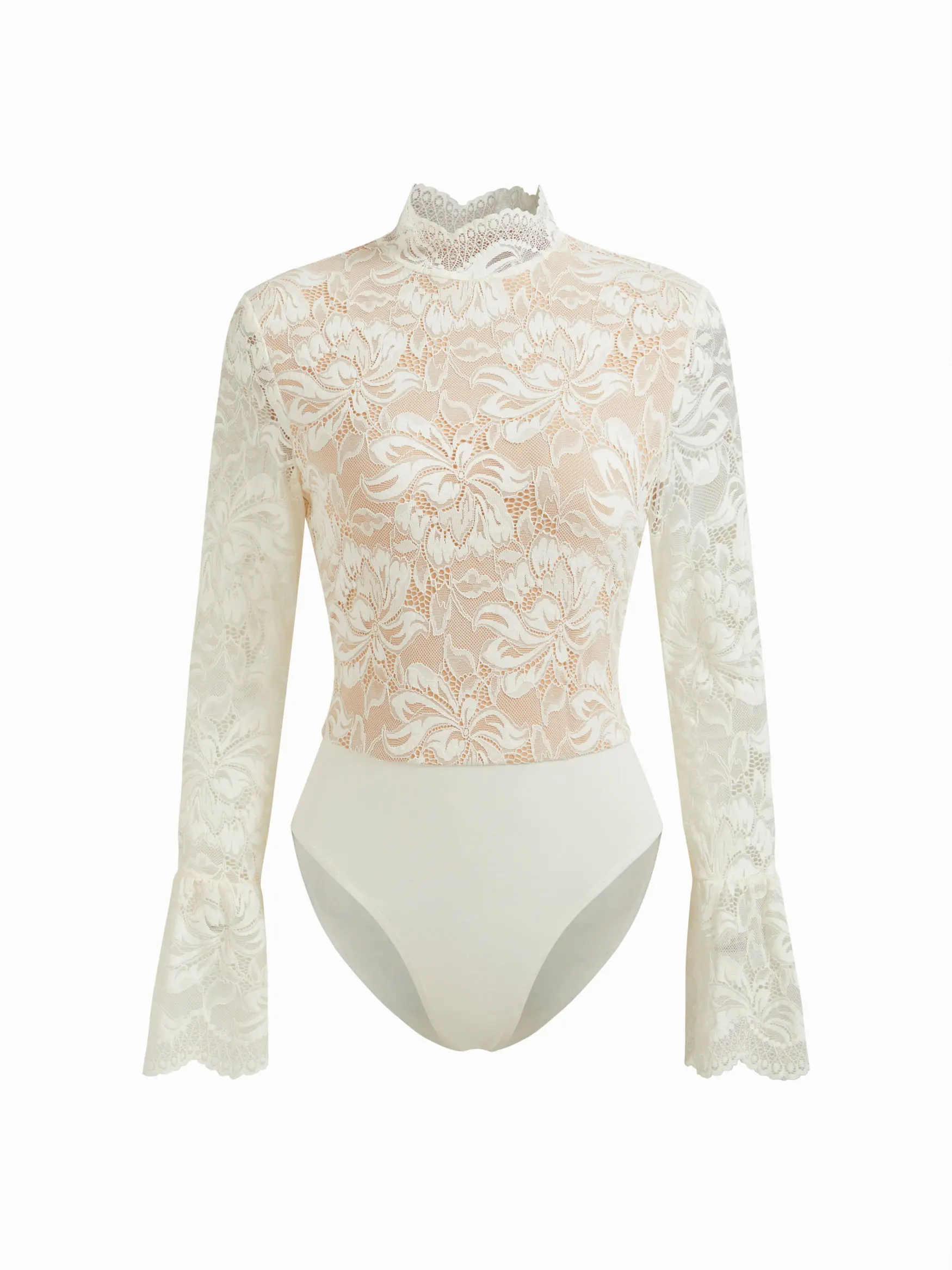 Cider Women's Floral Lace Stand Collar Ruffle Long-Sleeve Bodysuit, Curve & Plus Size Tops, Longsleeves Blouse for Women, Lady, Basic
