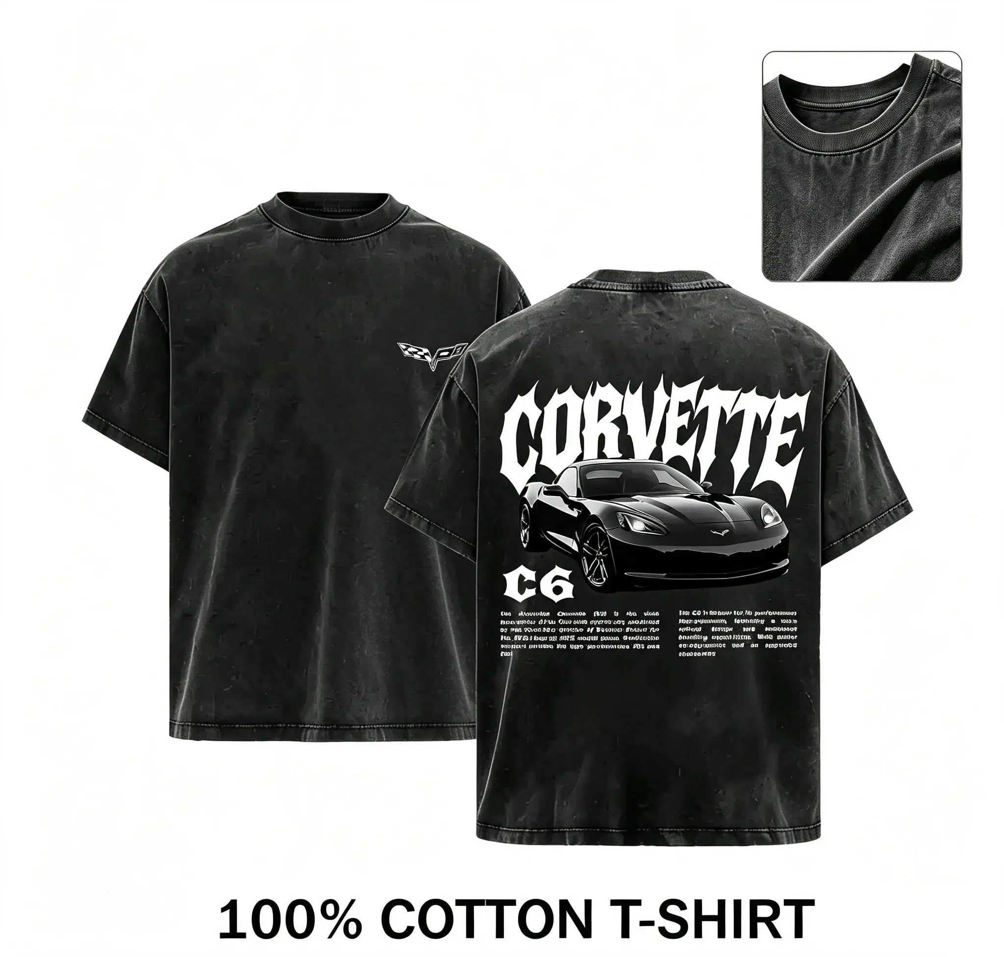 Men's Vintage Washed 100% Cotton Oversized Loose Fit Unisex Car Graphic T-Shirt - Front Corvette Small Emblem, Back C6 Supercar Poster Print, Car Enthusiast Streetwear, Daily Casual Wear