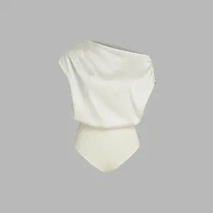 Cider [size 0-10] Satin Asymmetrical Neck Solid Ruched Bodysuit