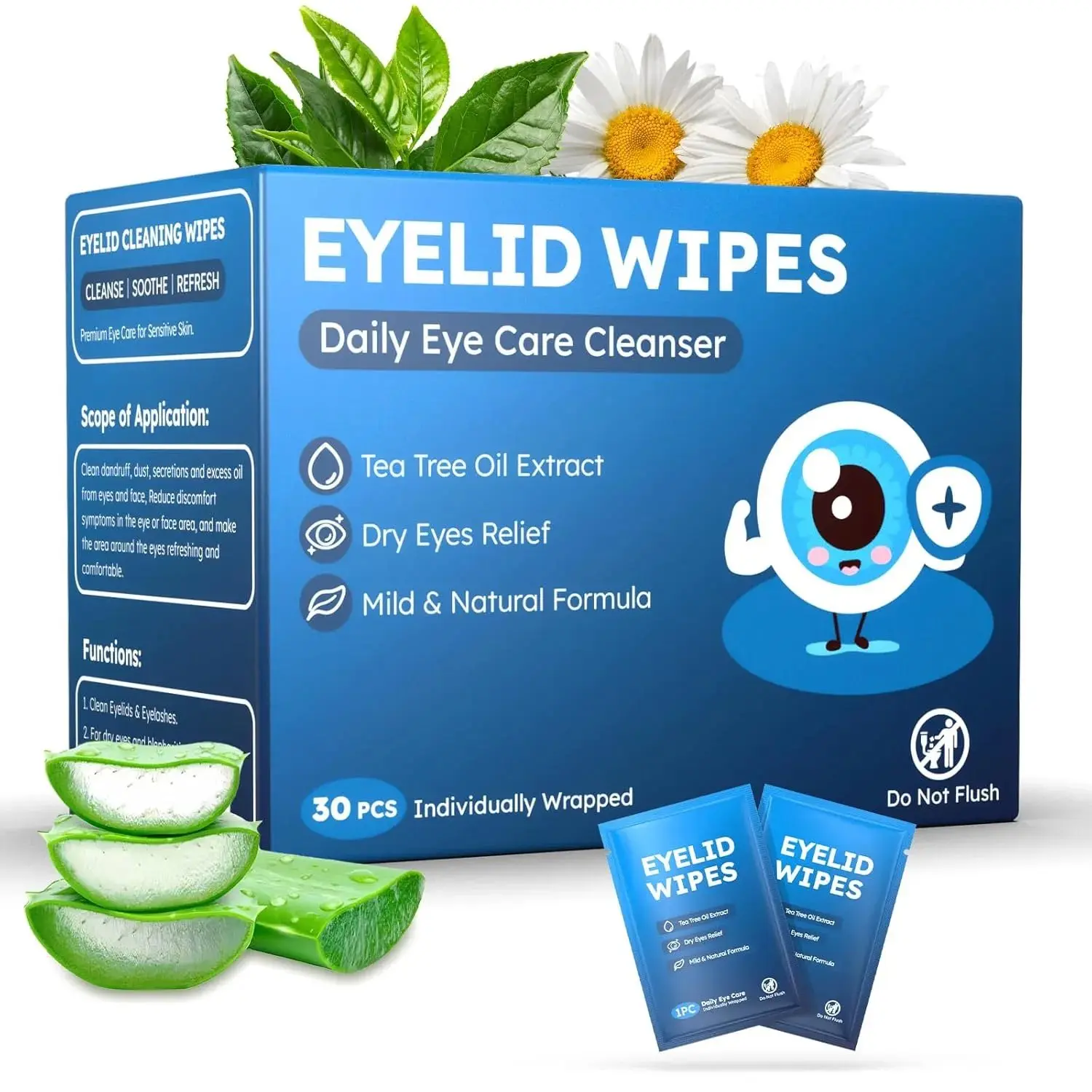 30PCS Tea Tree Oil Eyelid & Lash Wipes - Eyelid Cleaning Wipes, Daily Gentle Eye Cleansing Cloths, Hypoallergenic Soothing Care for Dry Itchy Sensitive Eyes, Eye Lid Cleaning Wipes