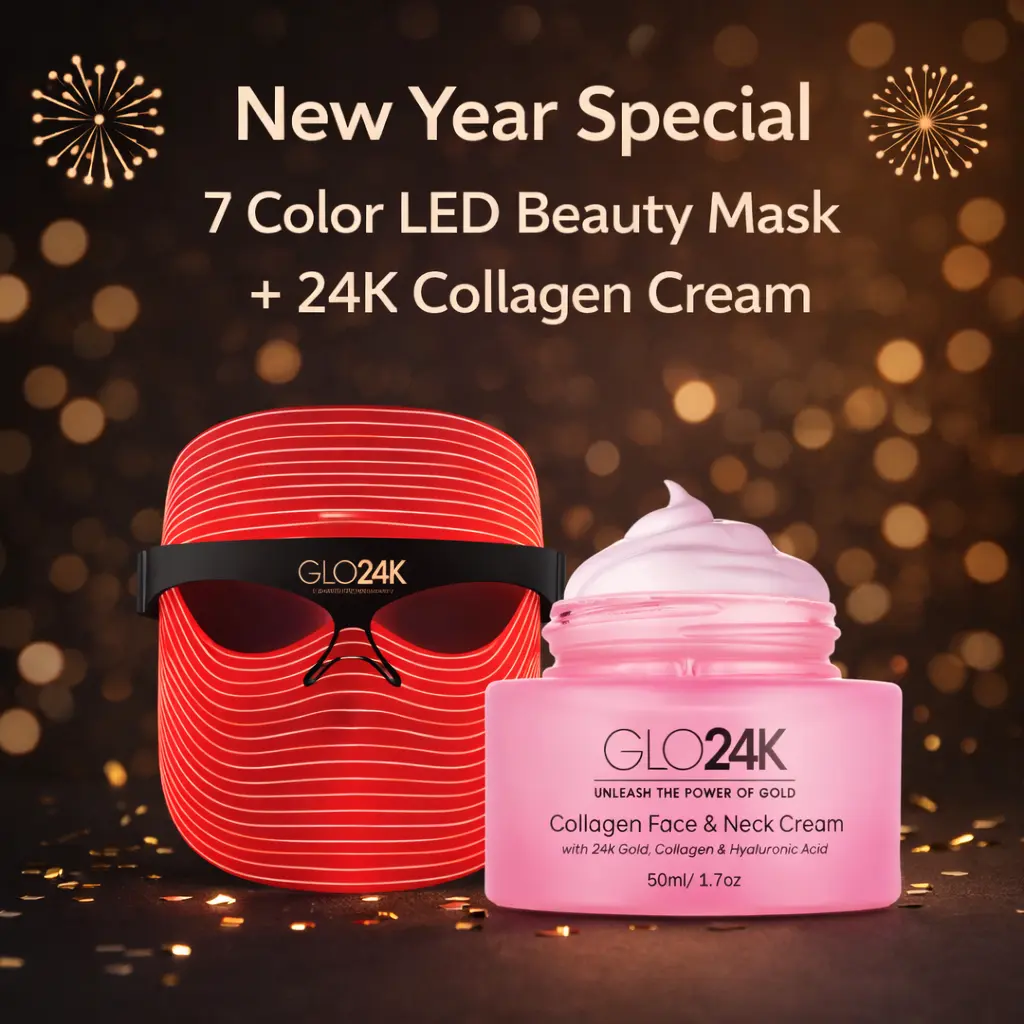 GLO24K 7 Color LED Beauty Mask & Collagen Cream Set for Flawless Glowing Radiant Skin with Red Yellow Blue Green Laser Lights