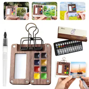 Mini Travel Watercolor Palette Set, Portable Wooden Paint Box with Sketchbook, Pigments, Refillable Water Brush & Clip, Art Supplies for Indoor & Outdoor Travel Painting