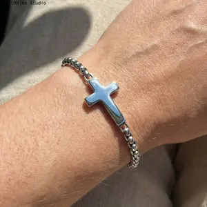 Cross Chains Link Bracelets for Men Boys,Stainless Steel Ball Chain Wristband,Stylish Jewelry Gift for Dad Husband