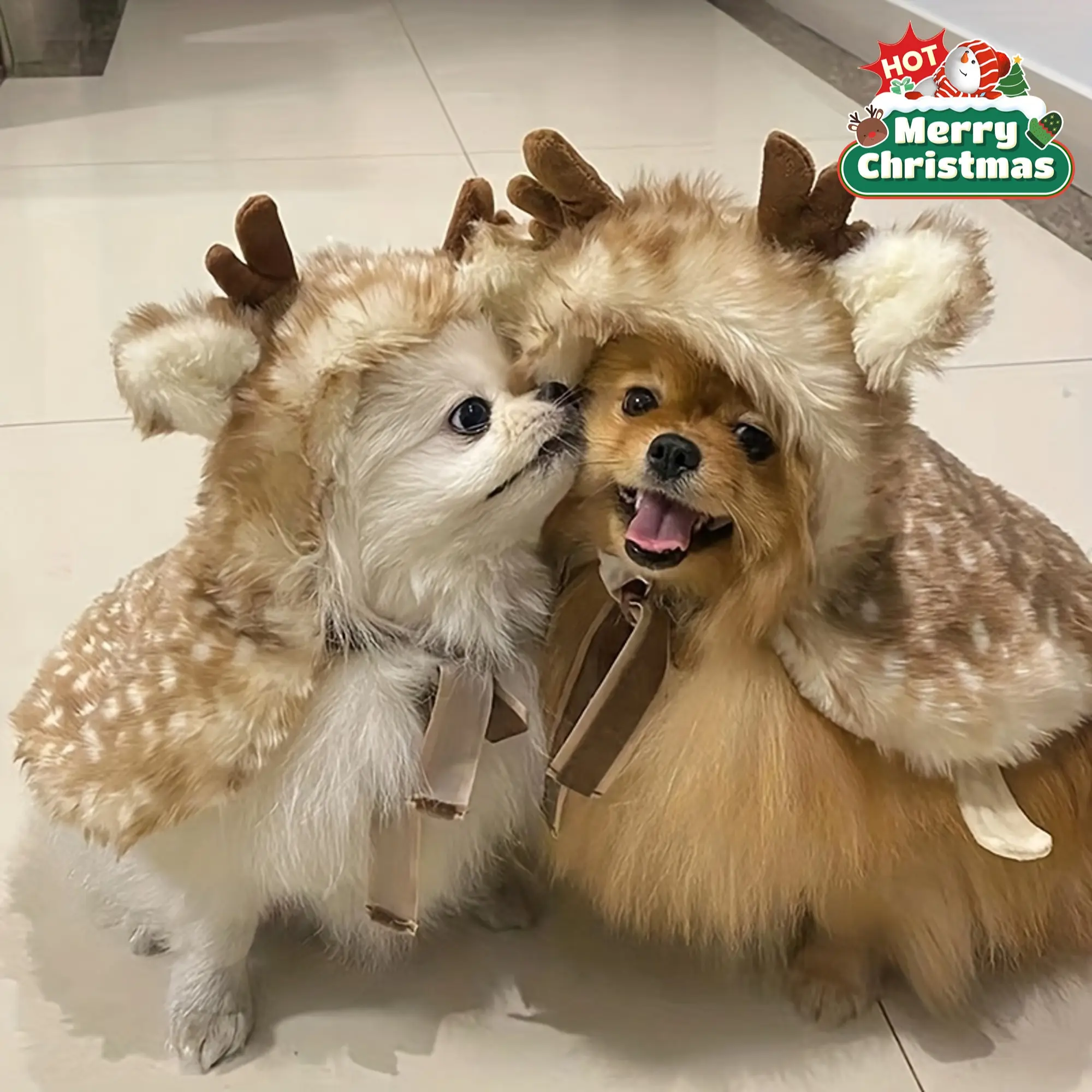 1 Piece Cozy Reindeer Hoodie for Small Dogs and Cats - Soft Plush Christmas Pet Costume with Antlers, Light Brown and White Design, Warm Winter Outfit for Holiday Fun, Pet Holiday Costume |   Reindeer costume for pets |   Plush Pet Hoodie, Dog Winter Coat