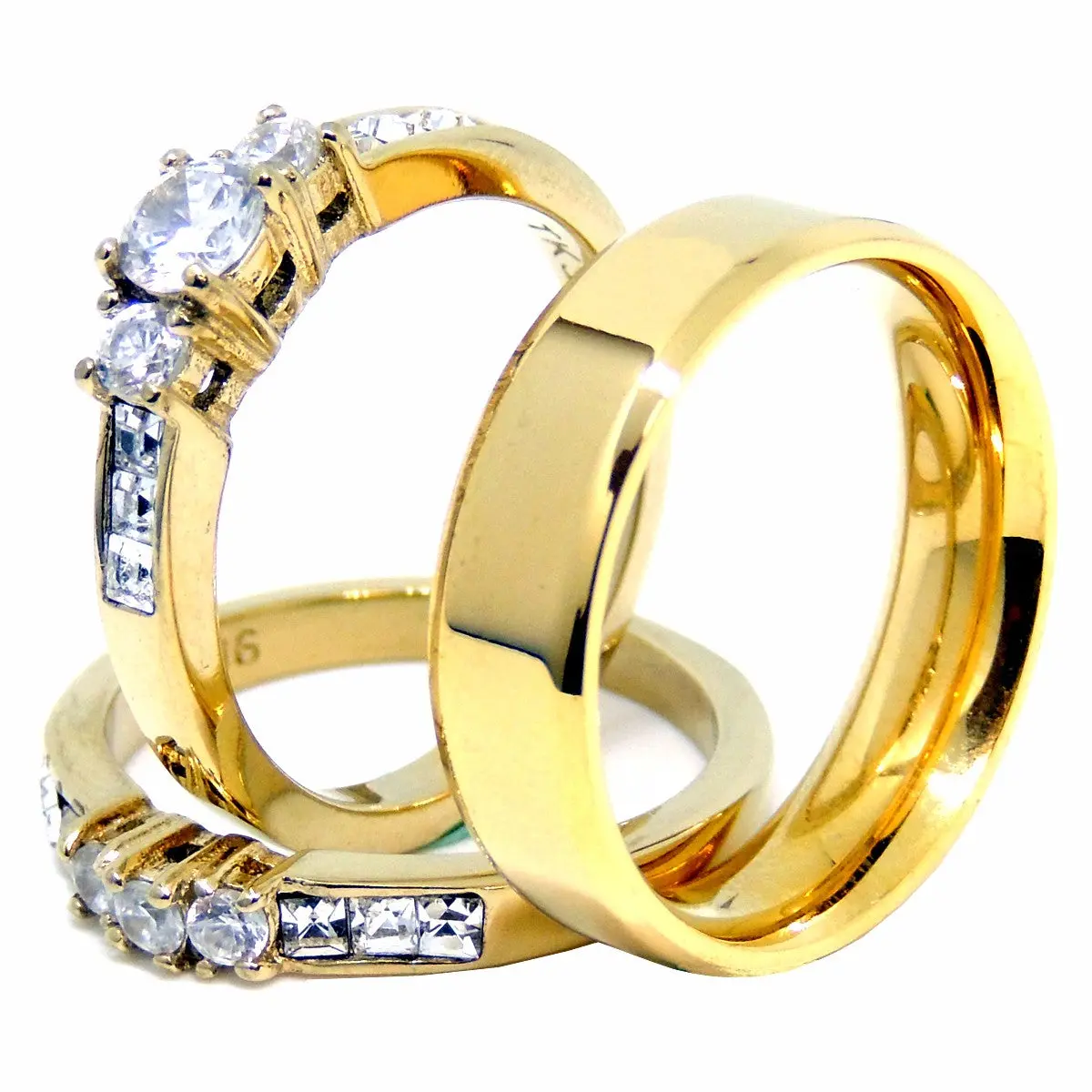 Lanyjewelry 14 Karat Gold Plated His Hers Dainty Stacking Wedding Ring Set - Solitaire Engagement Ring with Small Round CZ Accent, Men's Flat Band, Solitaire Stackable Rings, Dainty Stacking Rings