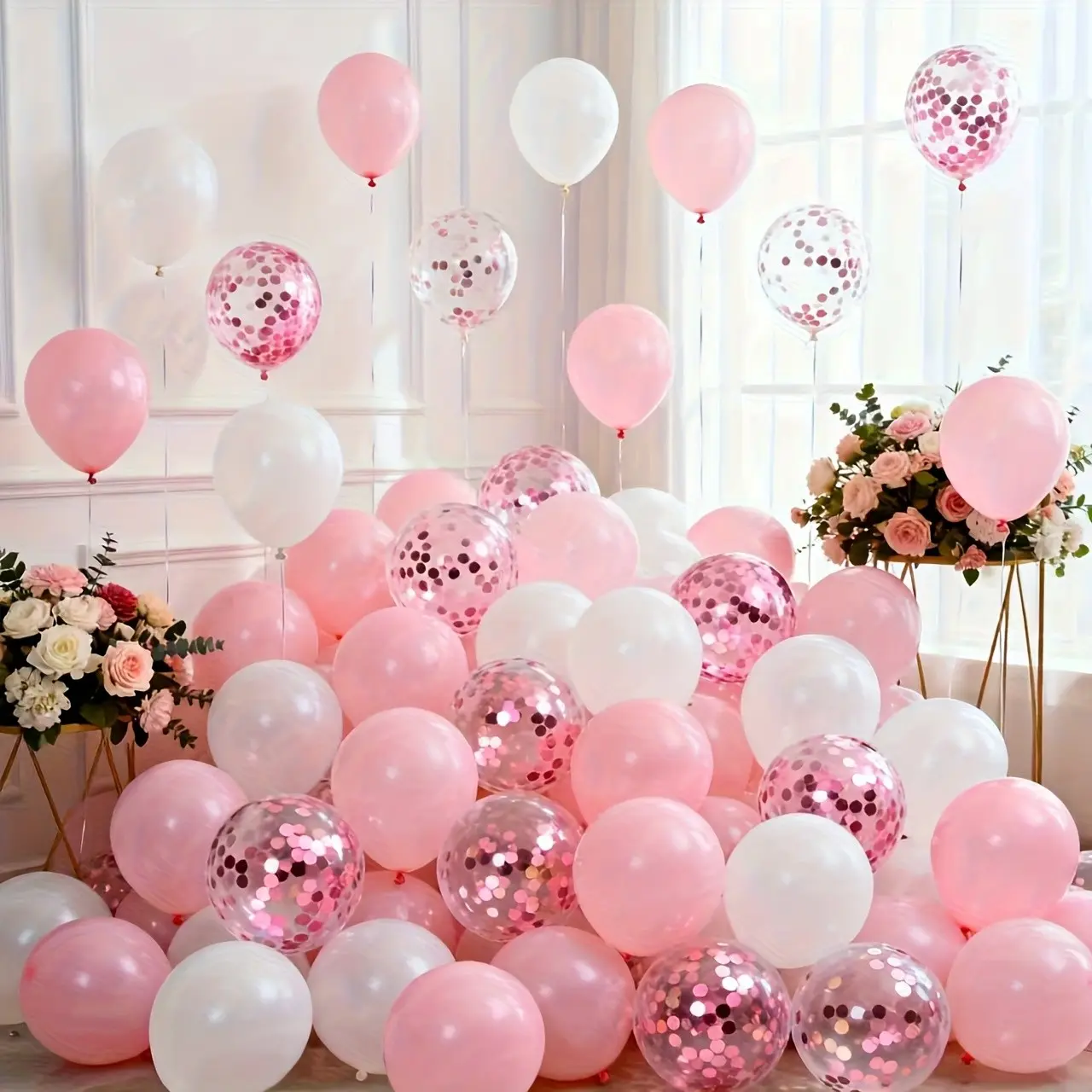 50pcs, Pink and white glitter balloon set, perfect for birthdays, weddings, Mother's Day, home decoration, balloon decoration, party balloons decorations, balloon parties, photo atmospheric backgrounds, Birthday decorations, Balloon Party Supplies