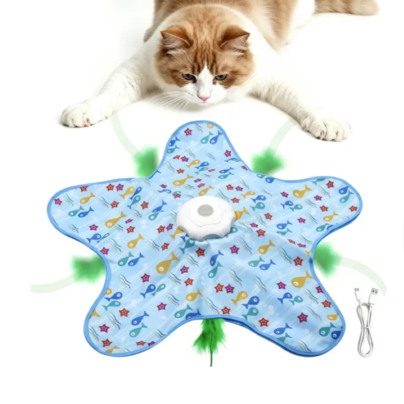 Summerwins Durable & Safe Automatic 360° Rotatable Interactive Kitten Wand Cat Toy - Battery-Powered Plastic, Animal Print/Pentagram, Rotating Feathers, 3 Speed Modes, Hands-Free 45s Tap/Swat Play, Universal Fit, Boredom Prevention for Kittens